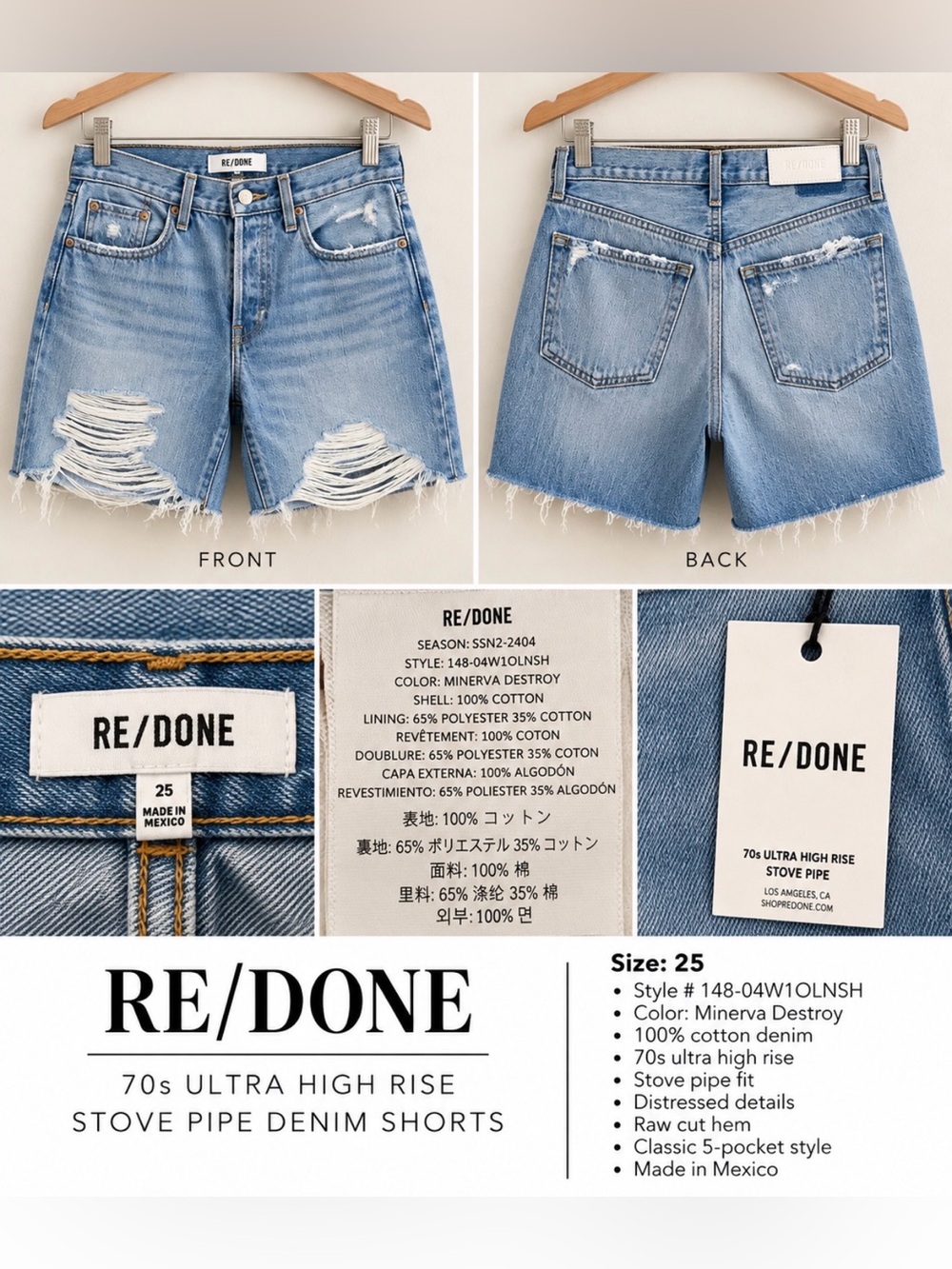Re/Done Light Blue Distressed High-Rise Denim Shorts